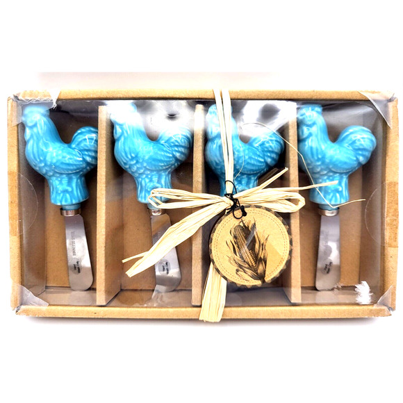 Home Essentials Turquoise Rooster Spreader Shabby Chic Set of 4 NEW Old Stock - Picture 1 of 8